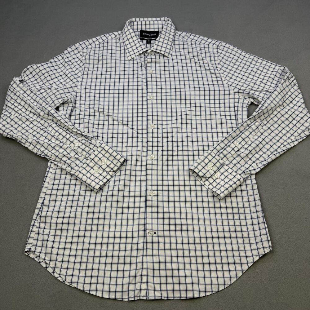 BONOBOS Shirt Mens Medium White Blue Check Slim Fit Long Sleeve Dress Button Up